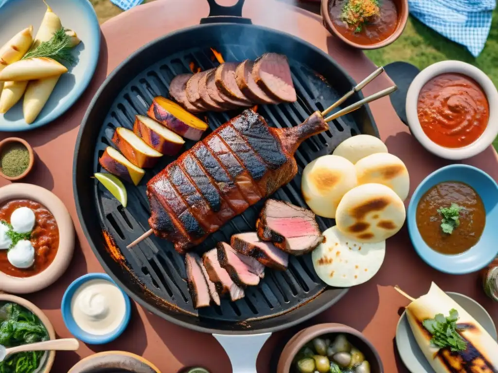 Un asado tradicional uruguayo con amigos y familia rodeando una mesa con salsas caseras en frascos de barro