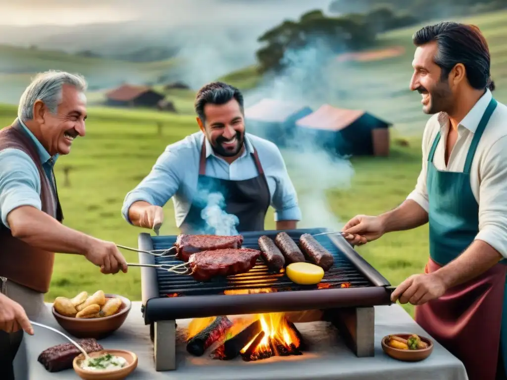 Un asado tradicional uruguayo con amigos y familiares riendo y disfrutando de una parrillada, capturando la esencia de los Orígenes del asado uruguayo