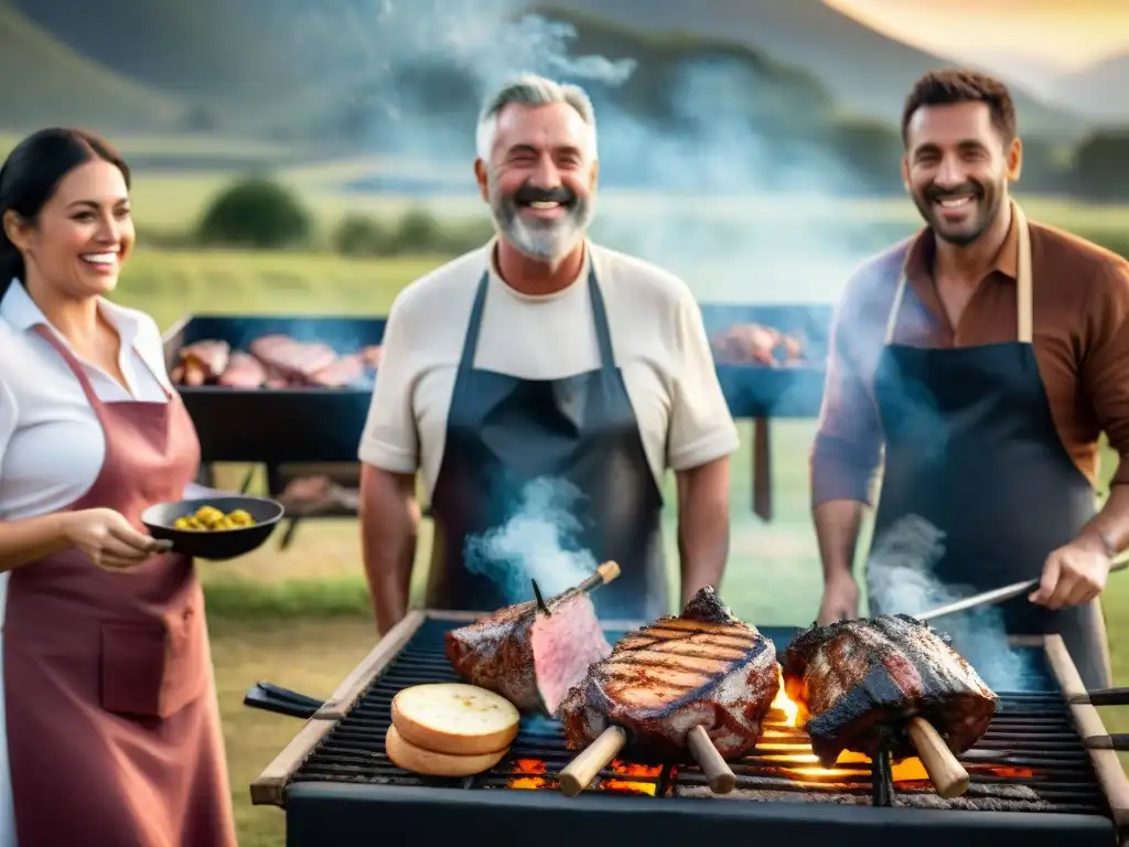 Un asado tradicional uruguayo con amigos disfrutando en el campo