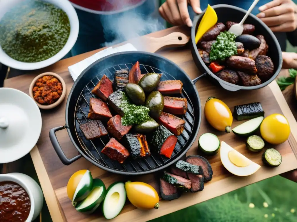 Un asado tradicional uruguayo con amigos y familia alrededor de una mesa de madera rústica