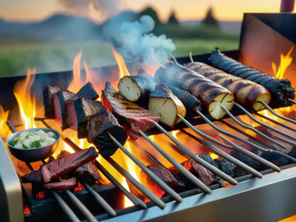 Un asado tradicional uruguayo con amigos y familia al atardecer, maridaje destilados uruguayos asado