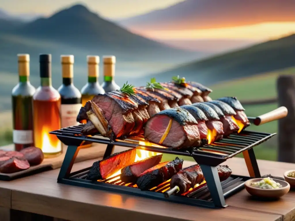 Un asado tradicional uruguayo al atardecer con destilados uruguayos para maridar