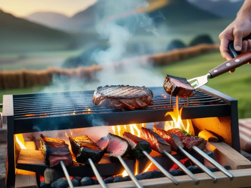 Un asado tradicional uruguayo al atardecer, con variedad de carnes sobre brasas y un asador experto