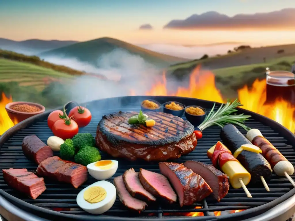 Un asado tradicional uruguayo con bebidas típicas y gauchos, iluminado por el sol poniente