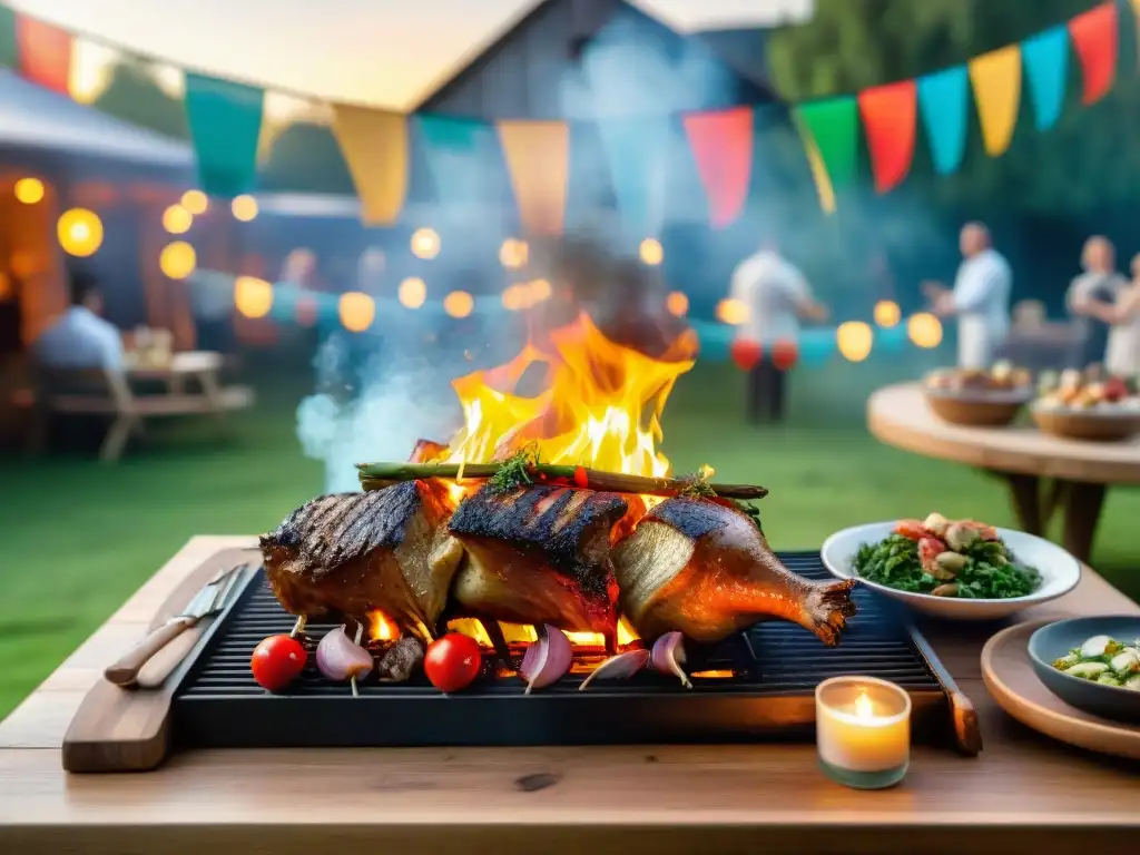 Un asado tradicional uruguayo en una boda, con invitados elegantes y ambiente festivo