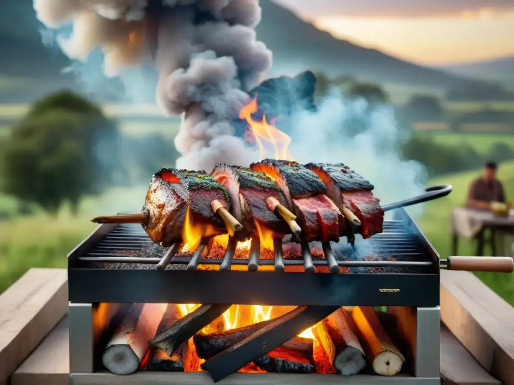 Un asado tradicional uruguayo con pulmón cocinándose lentamente sobre las brasas