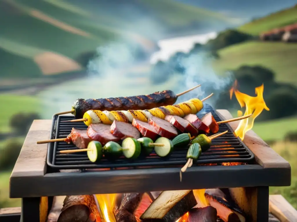 Un asado tradicional uruguayo en la campiña, con gauchos preparando carnes a la parrilla y platos típicos