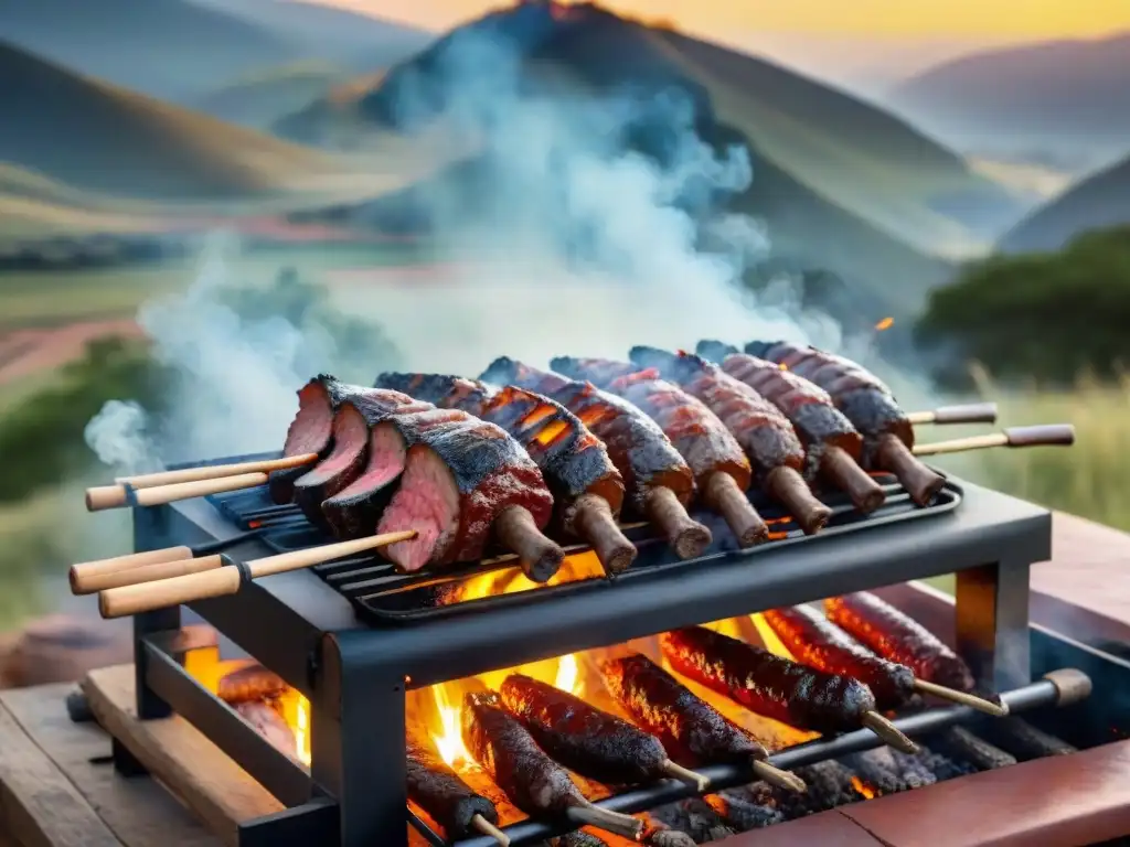 Un asado tradicional uruguayo en la campiña al atardecer