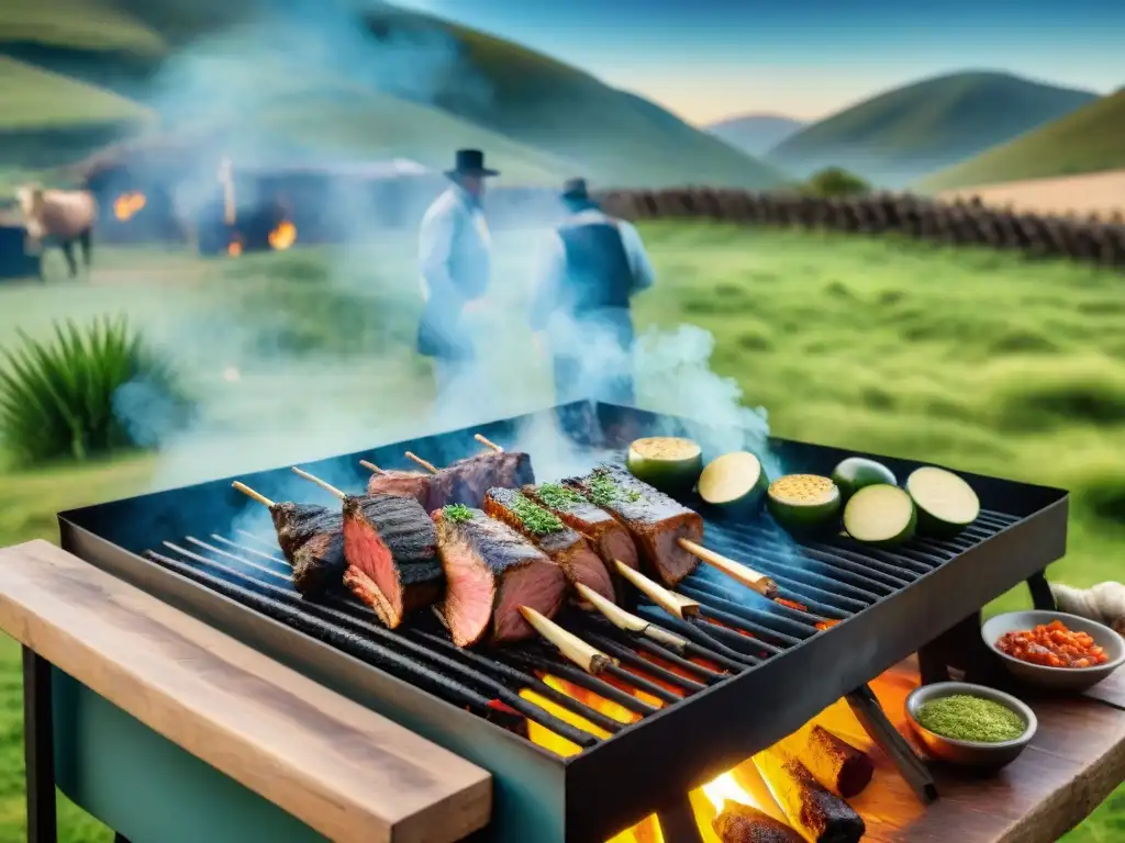 Un asado tradicional uruguayo en el campo, gauchos cocinando carne en una parrilla, promoviendo la cultura asado uruguaya en el extranjero