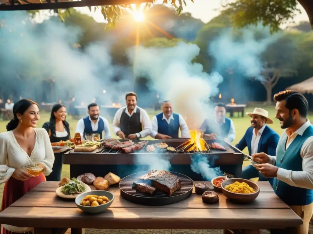 Un asado tradicional uruguayo en el campo: gauchos cocinando carne en una parrilla, rodeados de naturaleza y tradición