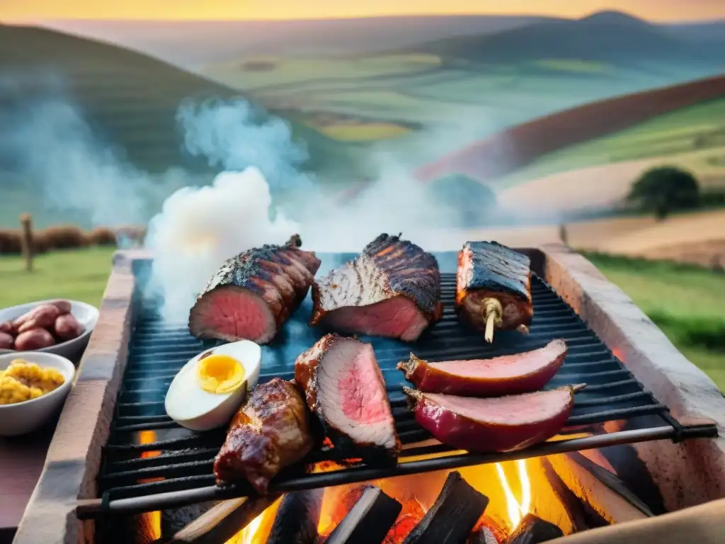 Un asado tradicional uruguayo en el campo al atardecer, con carnes sizzling y amigos compartiendo vino