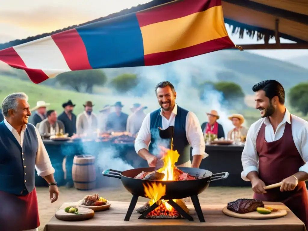 Un asado tradicional uruguayo en el campo, con gauchos, parrilla y banderas coloridas