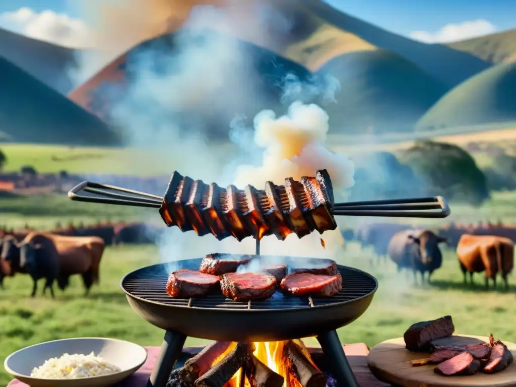 Un asado tradicional uruguayo en el campo, con gauchos y una parrilla llena de carne, en un evento de asado emblemático en Uruguay