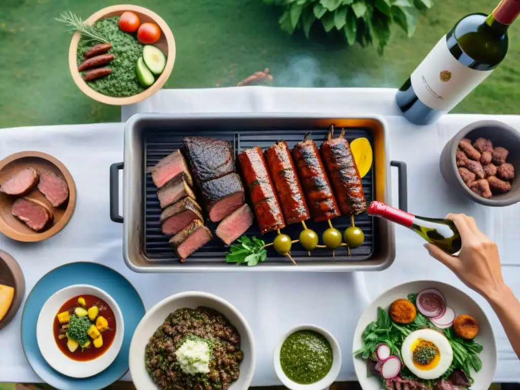 Auténtico asado uruguayo en campo verde Un asado tradicional uruguayo en el campo: parrilla llena de carne, chimichurri, vino Tannat y amigos sonrientes