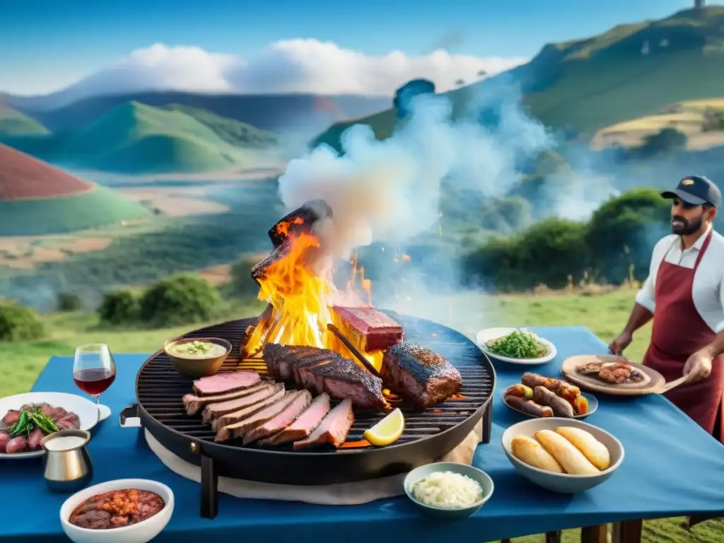 Un asado tradicional uruguayo en el campo, con una parrilla cargada de carne y personas disfrutando