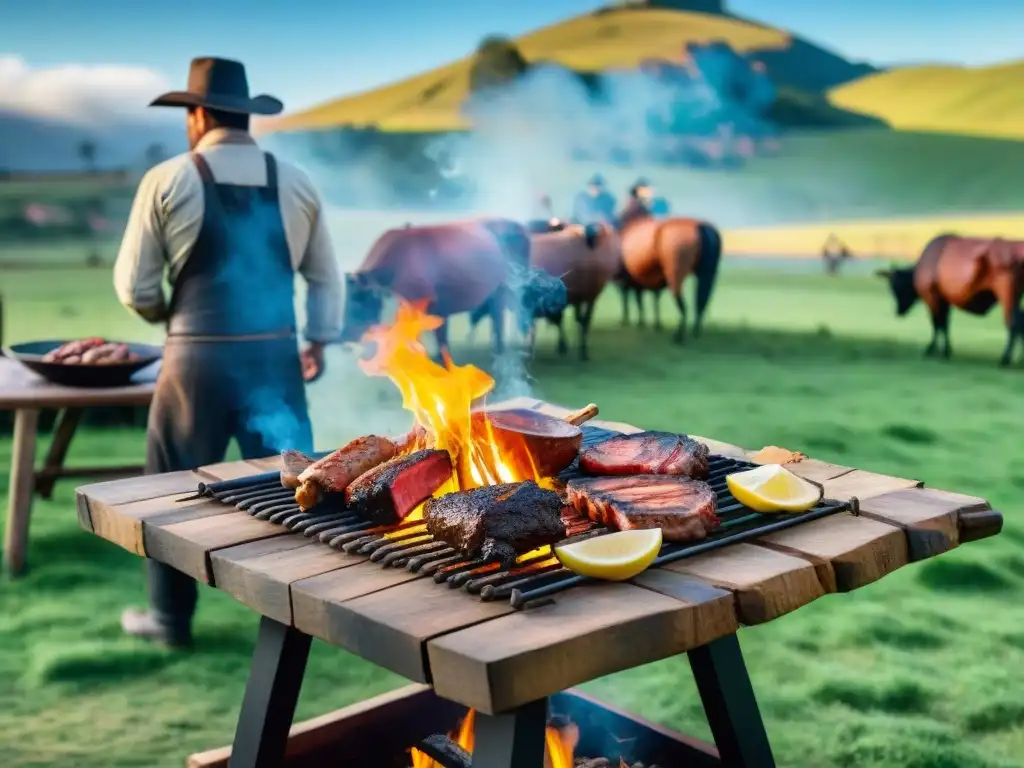 Un asado tradicional uruguayo en el campo, con gauchos preparando carne a la parrilla