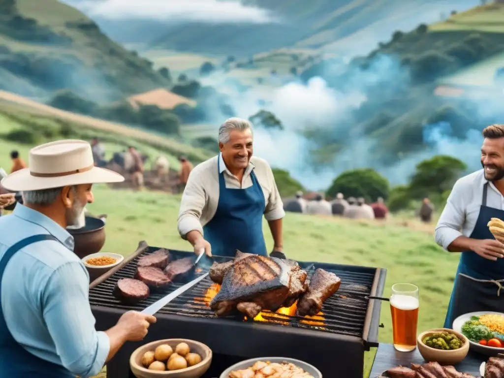 Un asado tradicional uruguayo en el campo, reuniendo a familias y amigos alrededor de una parrilla con carnes variadas