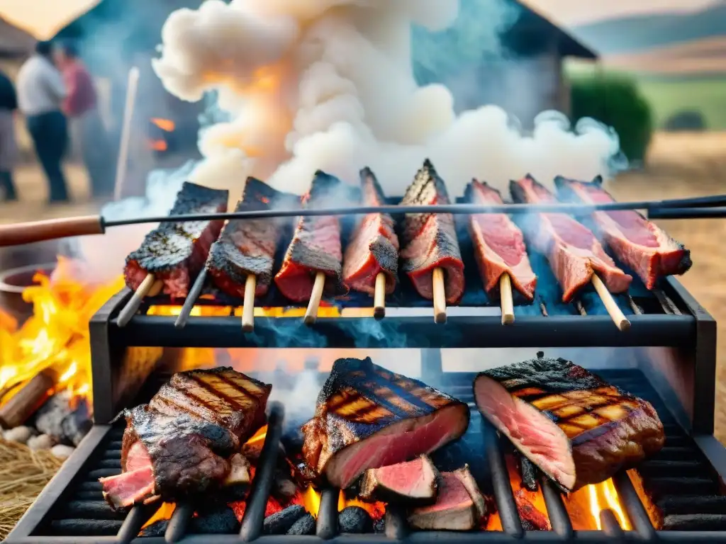 Un asado tradicional uruguayo en el campo, con gente alrededor de la parrilla