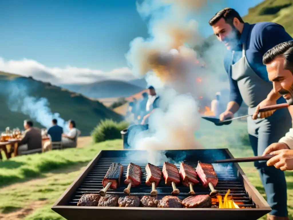 Un asado tradicional uruguayo en el campo, con amigos disfrutando junto a la parrilla llena de carne