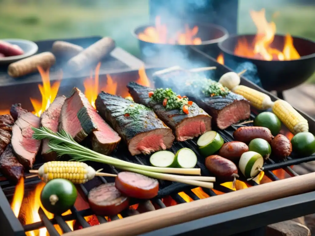 Un asado tradicional uruguayo en el campo al atardecer, con gauchos, carne y chimichurri