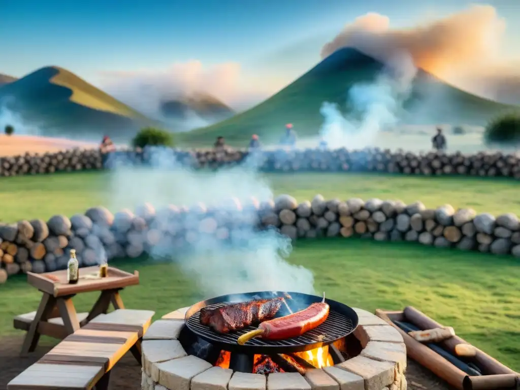 Un asado tradicional uruguayo en el campo, con gauchos asando carne alrededor de un fuego cruzado