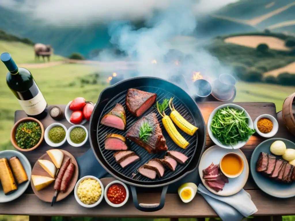 Un asado tradicional uruguayo en el campo, con amigos y familia disfrutando de la comida y la compañía