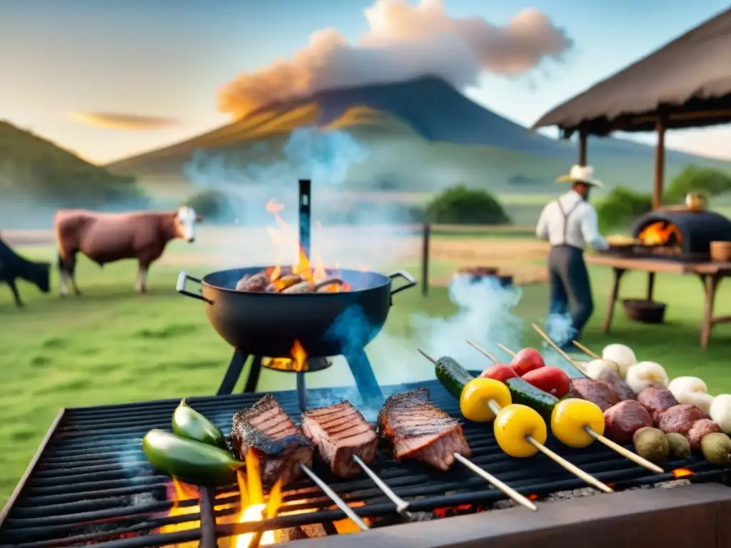 Un asado tradicional uruguayo con gauchos preparando carne a la parrilla al atardecer, capturando la esencia de la cadena suministro corta asado