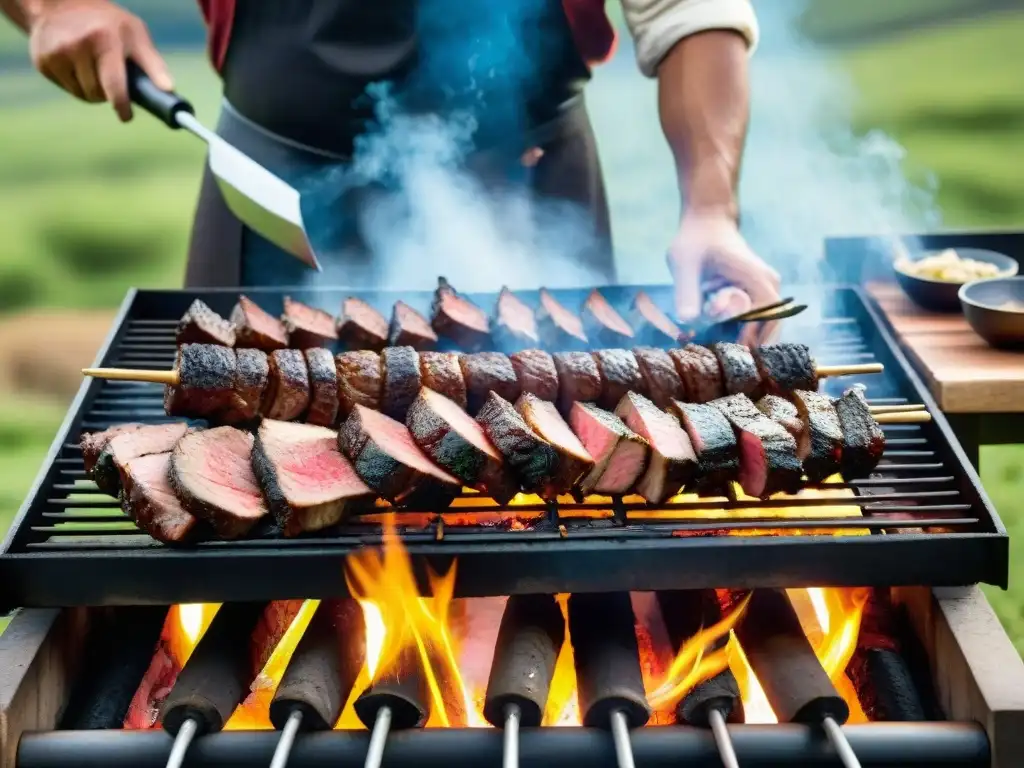 Un asado tradicional uruguayo con carne sostenible, cocinado al aire libre en una parrilla rústica