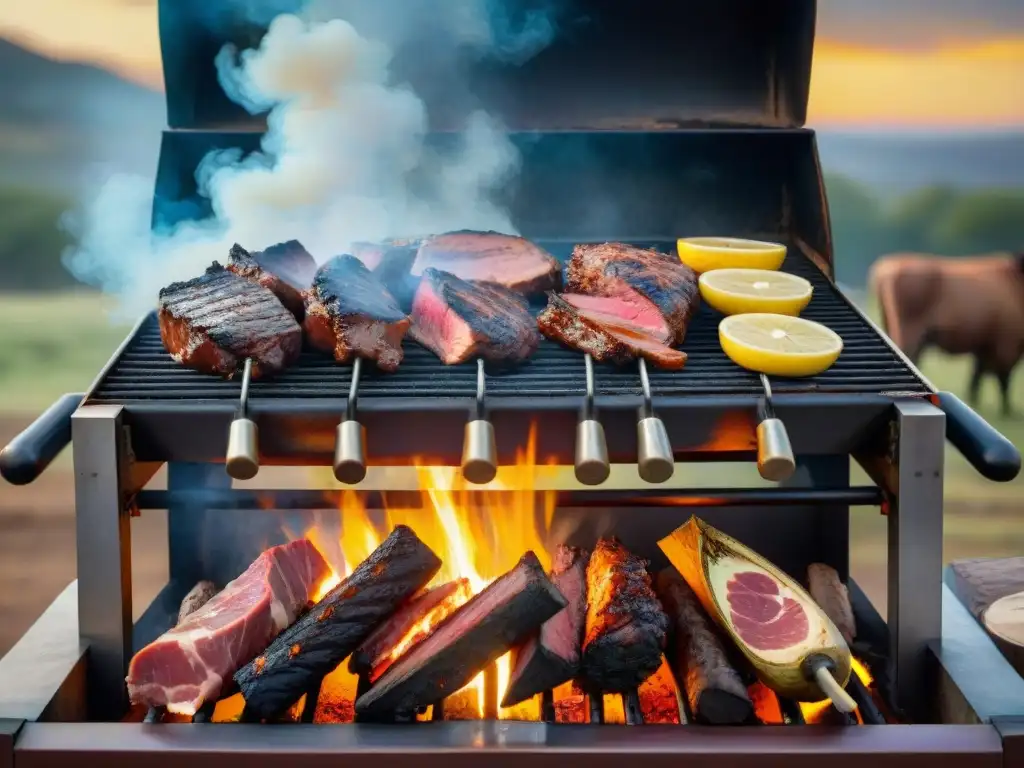 Un asado tradicional uruguayo con gauchos preparando carnes a la parrilla al atardecer, en una escena que evoca historia y tradición asado uruguayo