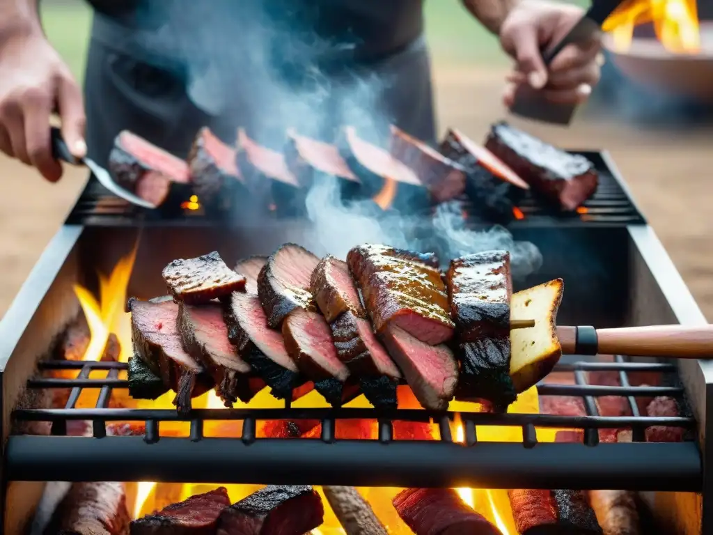 Un asado tradicional uruguayo con carnes uruguayas exclusivas asado, expertamente cocinadas bajo llamas