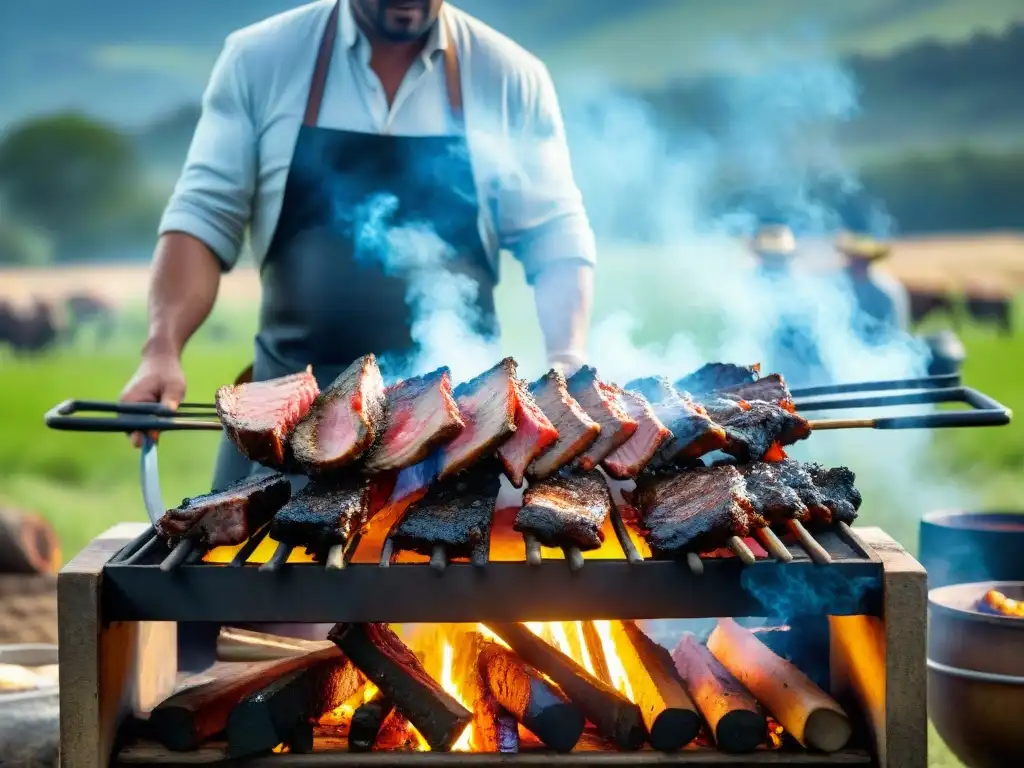 Un asado tradicional uruguayo cocinado por gauchos en el campo, bajo un cielo azul y exuberante vegetación