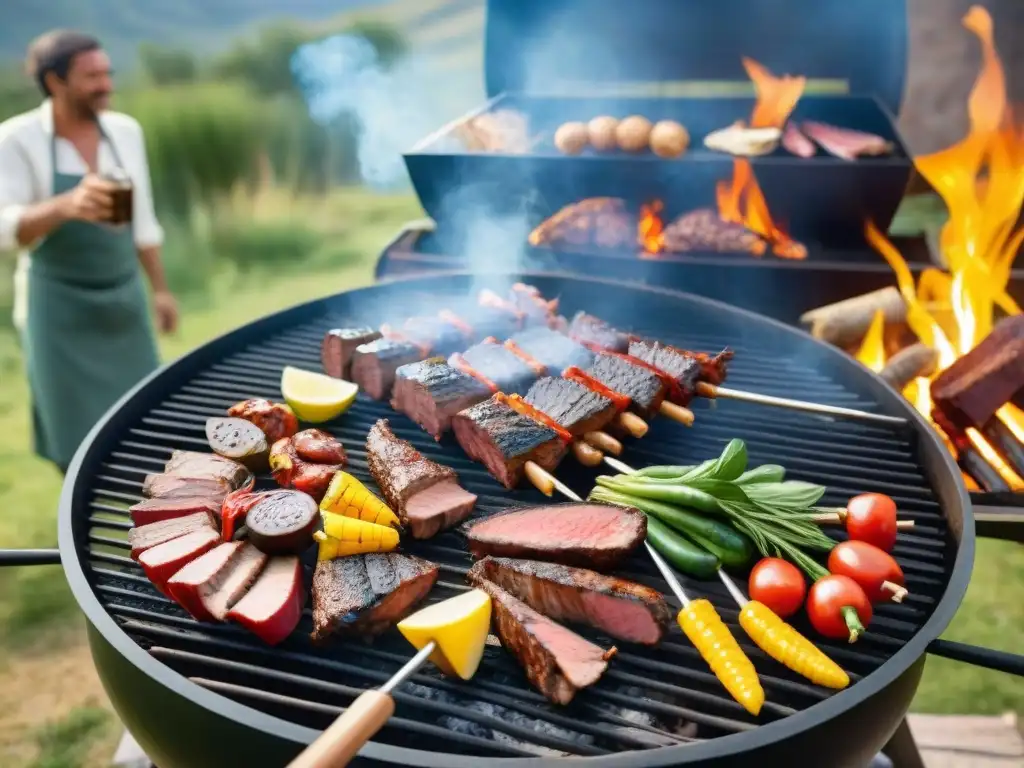 Un asado tradicional uruguayo cocinado con energía solar, reuniendo a una comunidad diversa en un ambiente cálido y sostenible