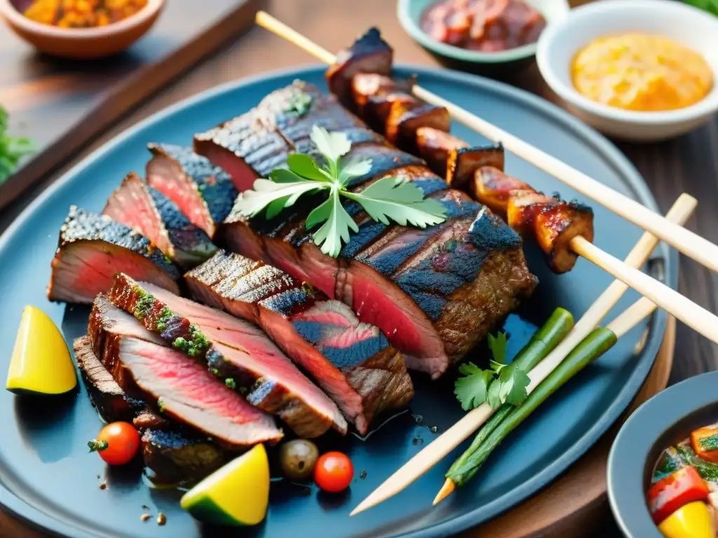 Un asado tradicional uruguayo con cortes de carne asado saludable bajo el cálido atardecer dorado