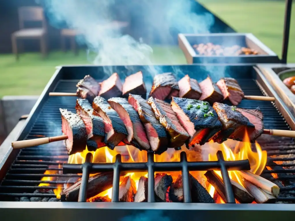 Un asado tradicional uruguayo con cortes de carne sizzling en brasas, rodeado de naturaleza y personas disfrutando