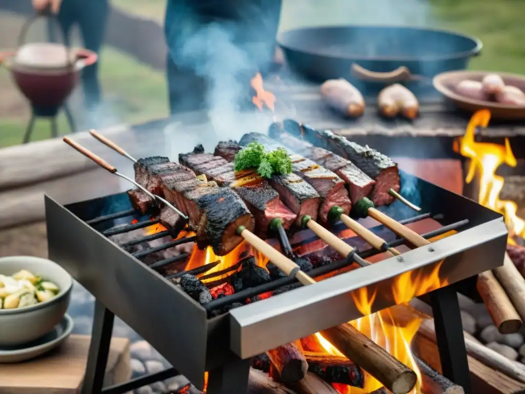 Un asado tradicional uruguayo con cortes de carne sizzling y una mesa rústica con chimichurri y vino Tannat