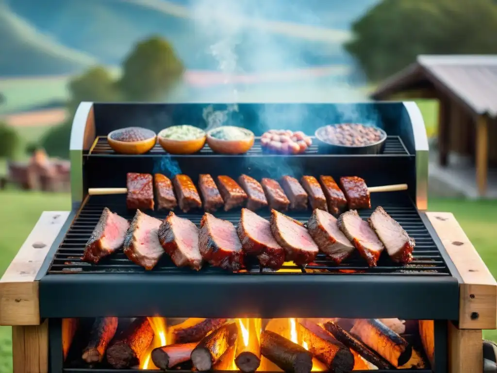 Un asado tradicional uruguayo con cortes premium, rodeado de naturaleza