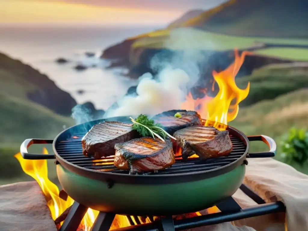 Un asado tradicional uruguayo en la costa al atardecer, con cortes de carne, hierbas frescas y chimichurri