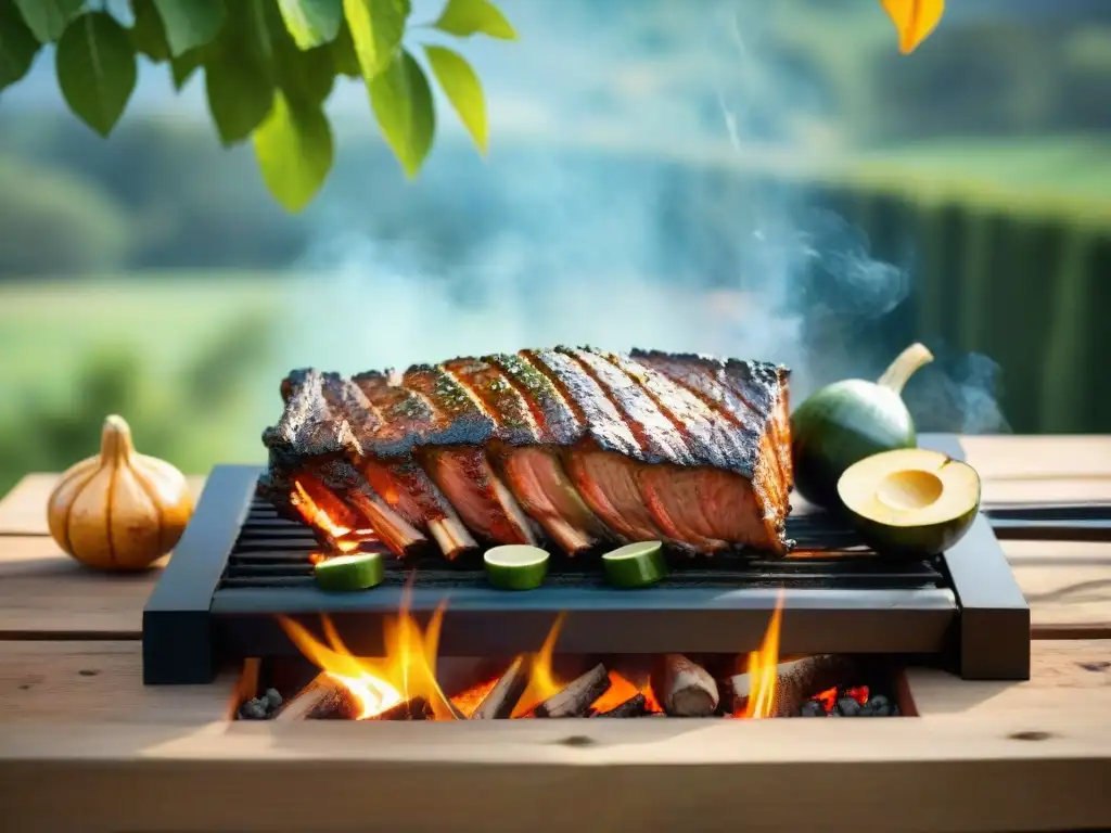 Un asado tradicional uruguayo con costillas doradas y chimichurri, bajo el sol