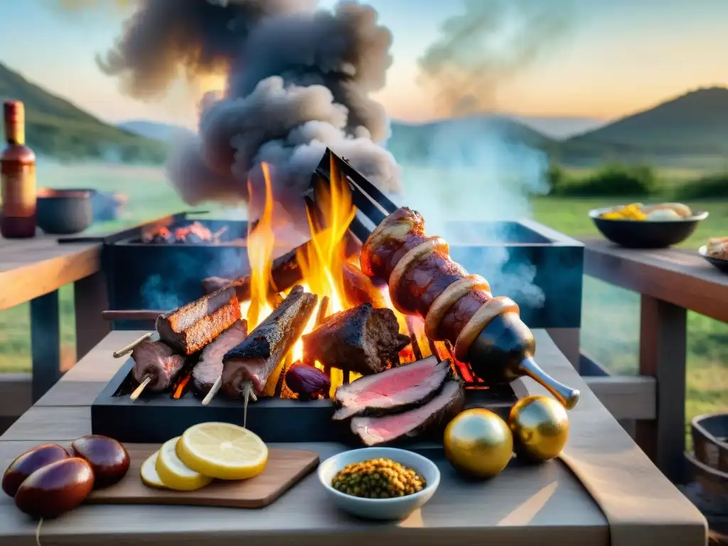 Un asado tradicional uruguayo en un entorno rústico al aire libre, con amigos y familia disfrutando de la comida