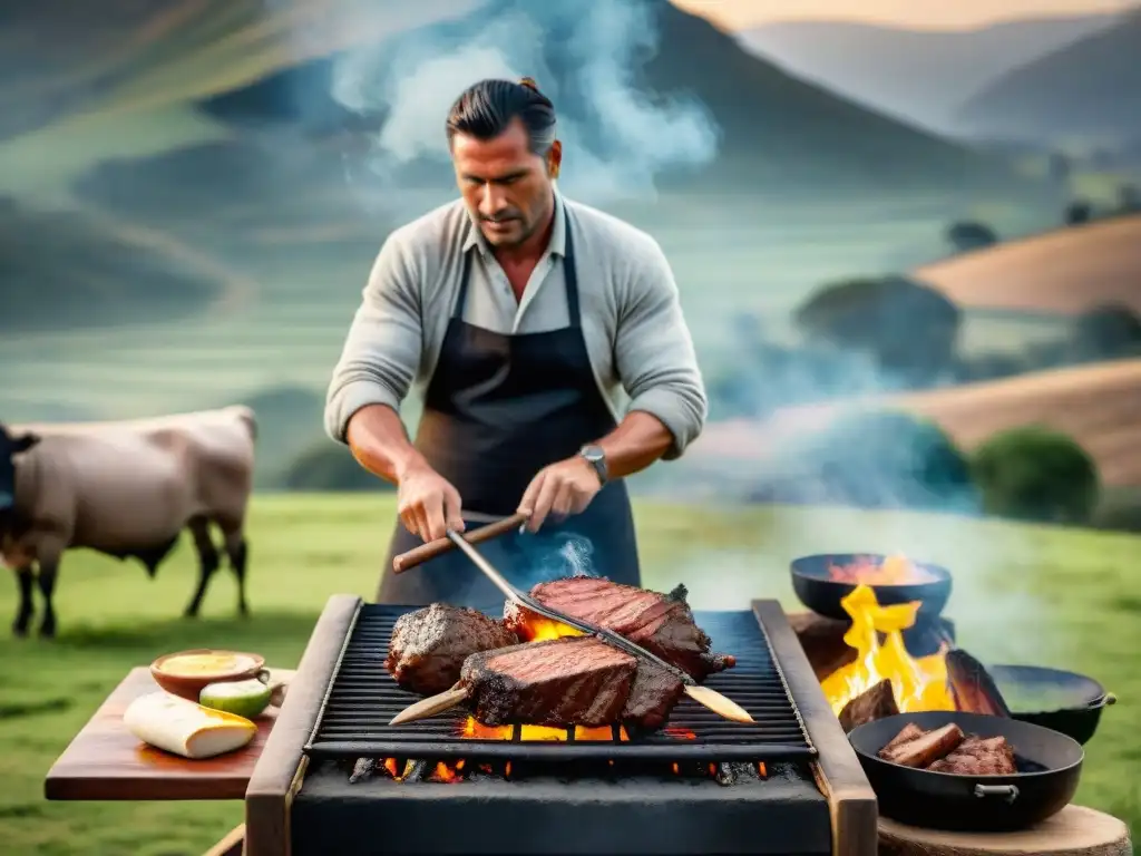 Un asado tradicional uruguayo en un entorno campestre, resaltando la carne jugosa y la destreza del gaucho