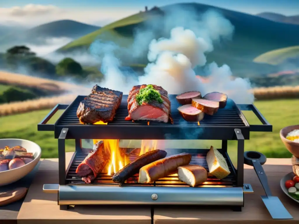 Un asado tradicional uruguayo en un entorno campestre, con una parrilla humeante rodeada de gente disfrutando