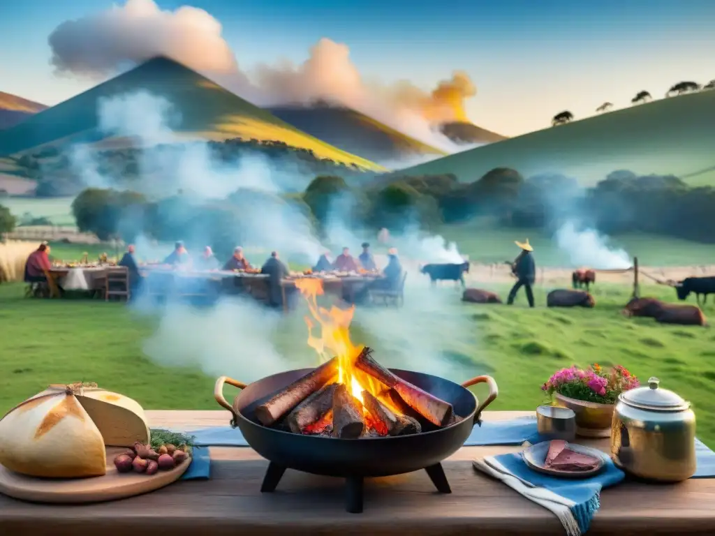 Un asado tradicional uruguayo en un entorno campestre pintoresco con gauchos y una parrilla al aire libre