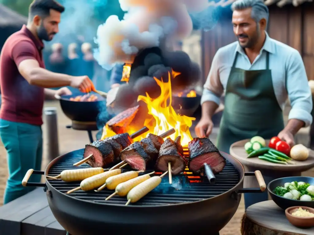 Un asado tradicional uruguayo en un entorno rural, con gente alrededor de una parrilla grande