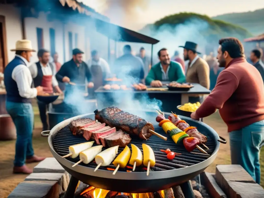 Un asado tradicional uruguayo en un entorno rústico al aire libre con amigos y familia disfrutando de la parrilla