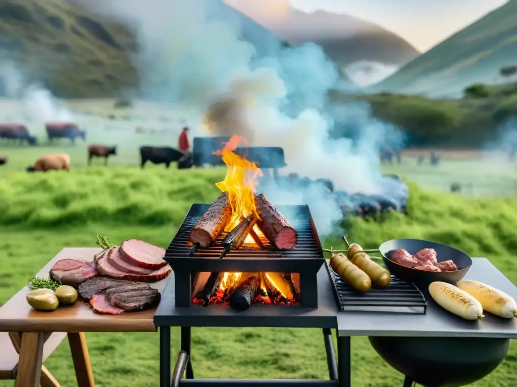 Un asado tradicional uruguayo en un entorno campestre verde, fusionando sostenibilidad y tradición