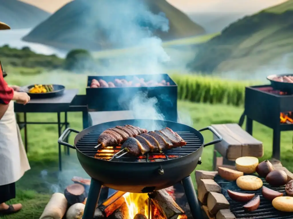 Un asado tradicional uruguayo en un entorno campestre exuberante, mostrando la armonía entre naturaleza, cultura y tradición