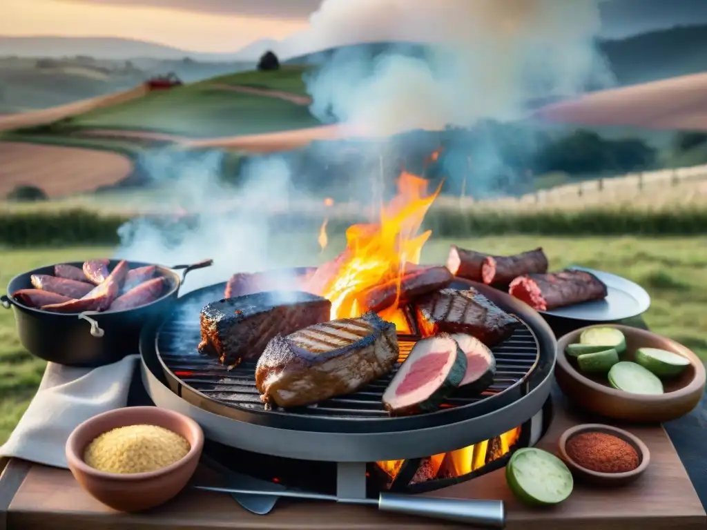 Un asado tradicional uruguayo en un entorno campestre pintoresco al atardecer, capturando la esencia de un evento cultural