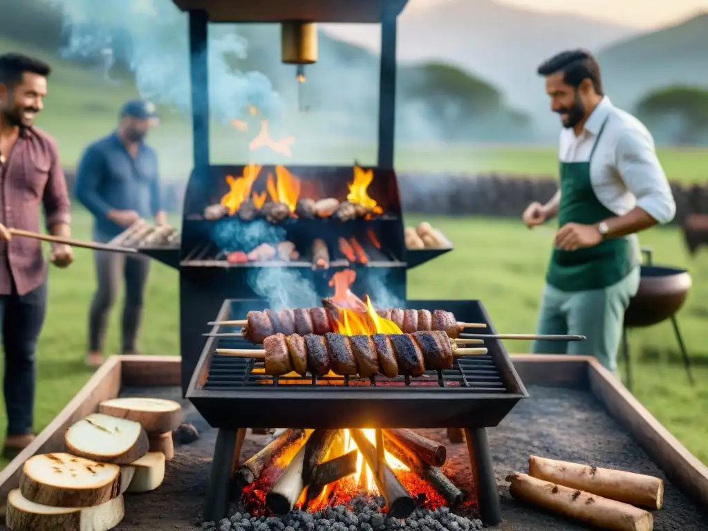 Un asado tradicional uruguayo en un entorno campestre verde, con personas diversas y alternativas sostenibles para asar