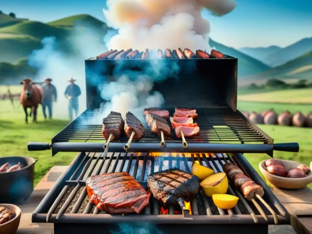 Un asado tradicional uruguayo en un entorno campestre, con carne a la parrilla y personas disfrutando