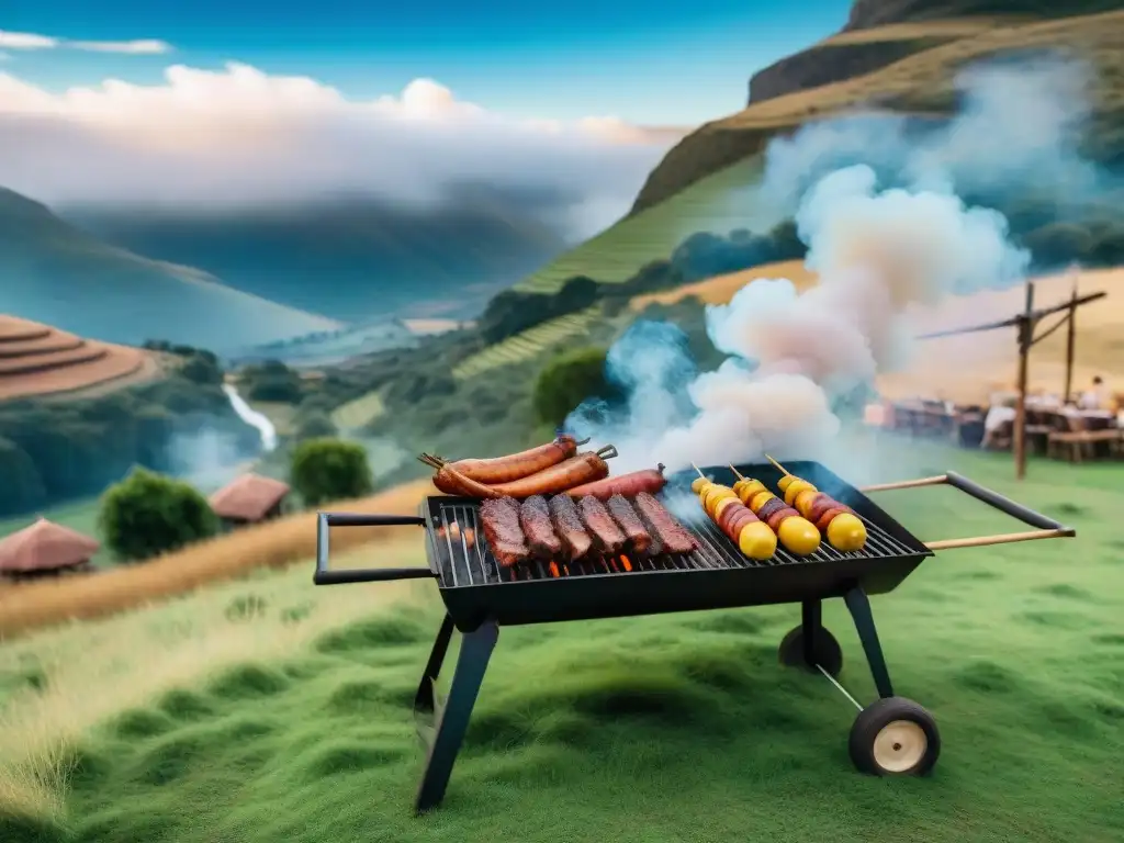 Un asado tradicional uruguayo en un entorno campestre rústico con amigos disfrutando de una deliciosa parrillada